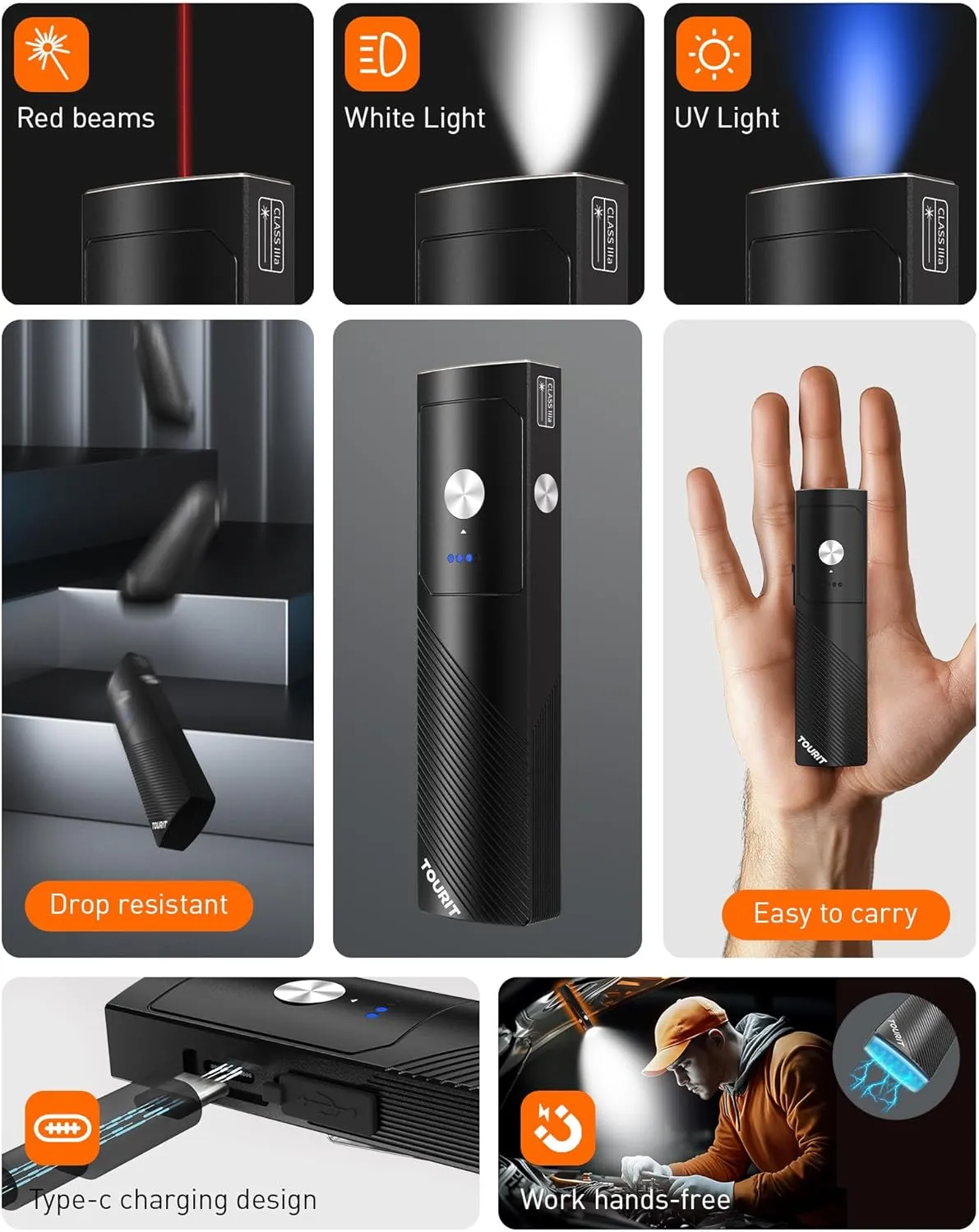 TOURIT Flat EDC Flashlight 1000 Lumens, Rechargeable Flashlight with Red Beam, UV Light, Compact Pocket Flashlight, LED Flashlight with Magnetic Base, Black