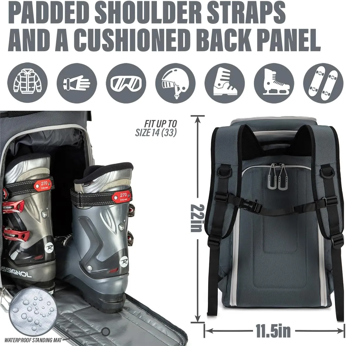 Travel Ski Boot Bag Backpack - Durable Boot Bags for Skiing Accessories, 60L Water-Resistant Padded Snow Skate Bag - Ski Gear Bag for Snowboard Boots, Helmet, Goggles