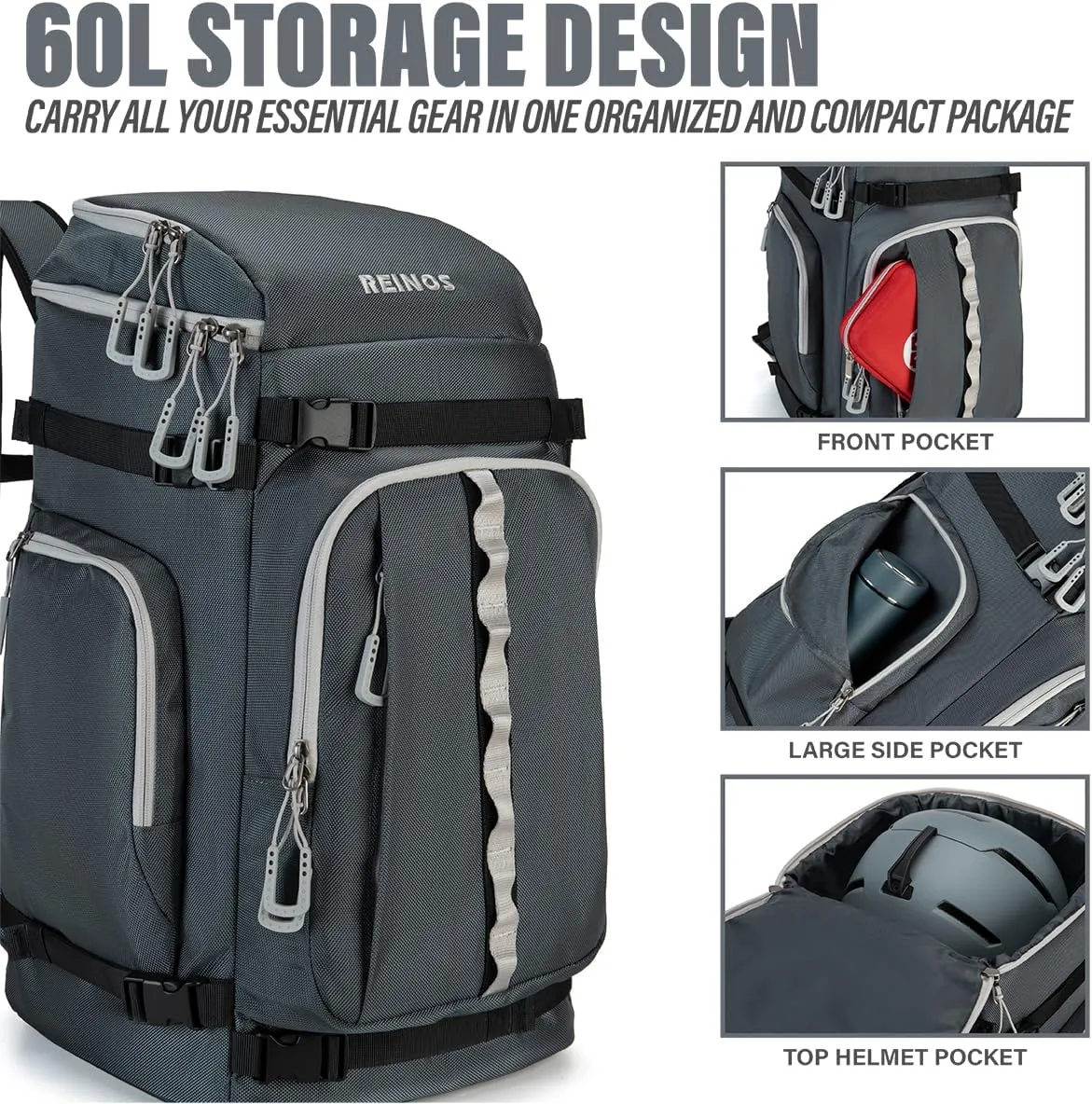 Travel Ski Boot Bag Backpack - Durable Boot Bags for Skiing Accessories, 60L Water-Resistant Padded Snow Skate Bag - Ski Gear Bag for Snowboard Boots, Helmet, Goggles