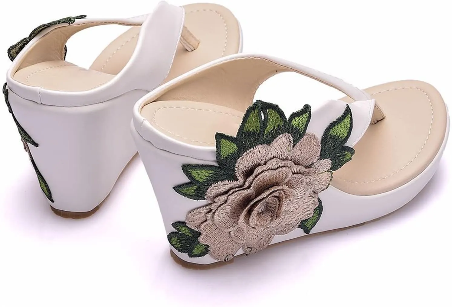 UGOSELEC Women Y2K Flower Platform Wedge Flip Flops,Bohemian Embroidered Flower Arch Support Heeled Flip Flops Beach Sandals Wedge Sandals