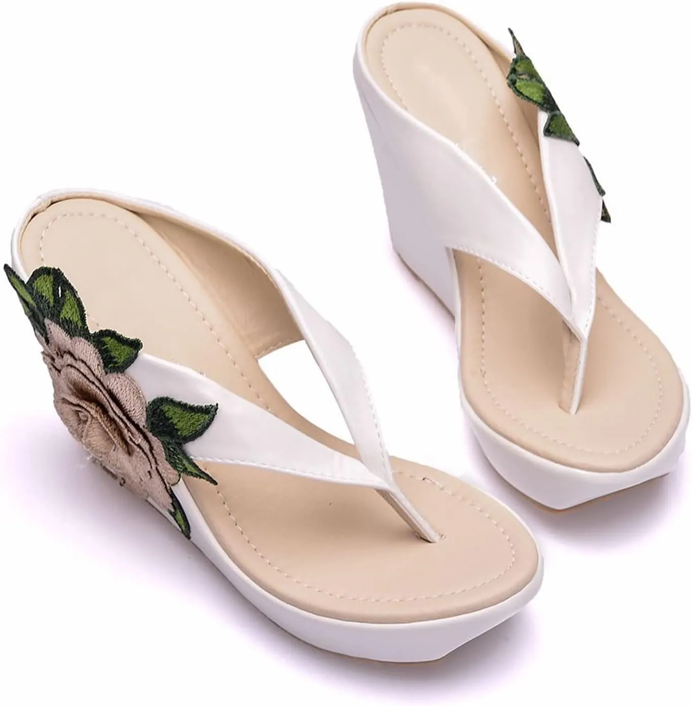 UGOSELEC Women Y2K Flower Platform Wedge Flip Flops,Bohemian Embroidered Flower Arch Support Heeled Flip Flops Beach Sandals Wedge Sandals