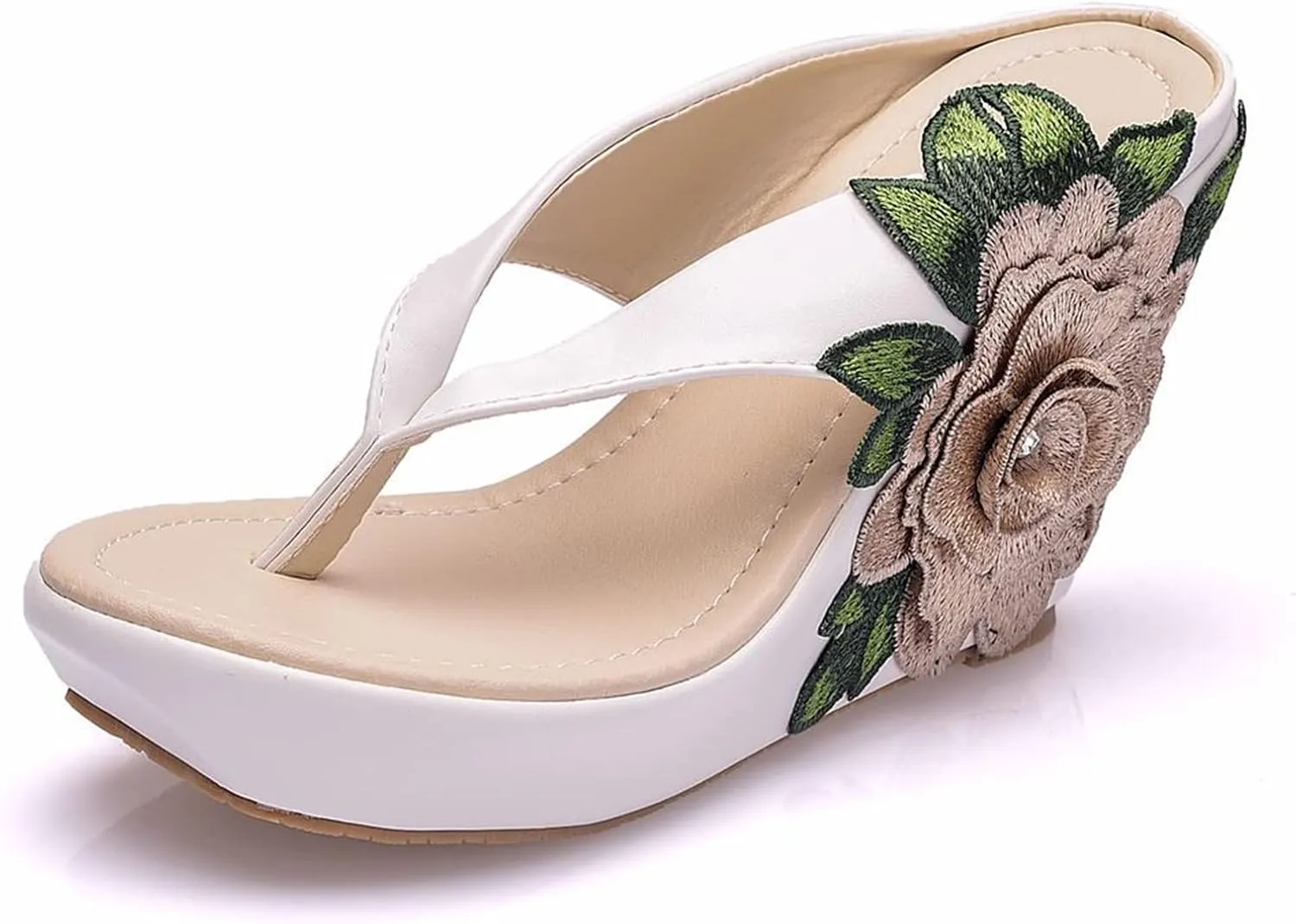 UGOSELEC Women Y2K Flower Platform Wedge Flip Flops,Bohemian Embroidered Flower Arch Support Heeled Flip Flops Beach Sandals Wedge Sandals