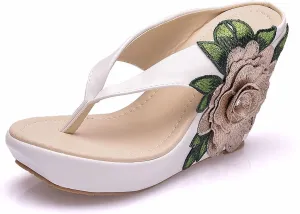 UGOSELEC Women Y2K Flower Platform Wedge Flip Flops,Bohemian Embroidered Flower Arch Support Heeled Flip Flops Beach Sandals Wedge Sandals