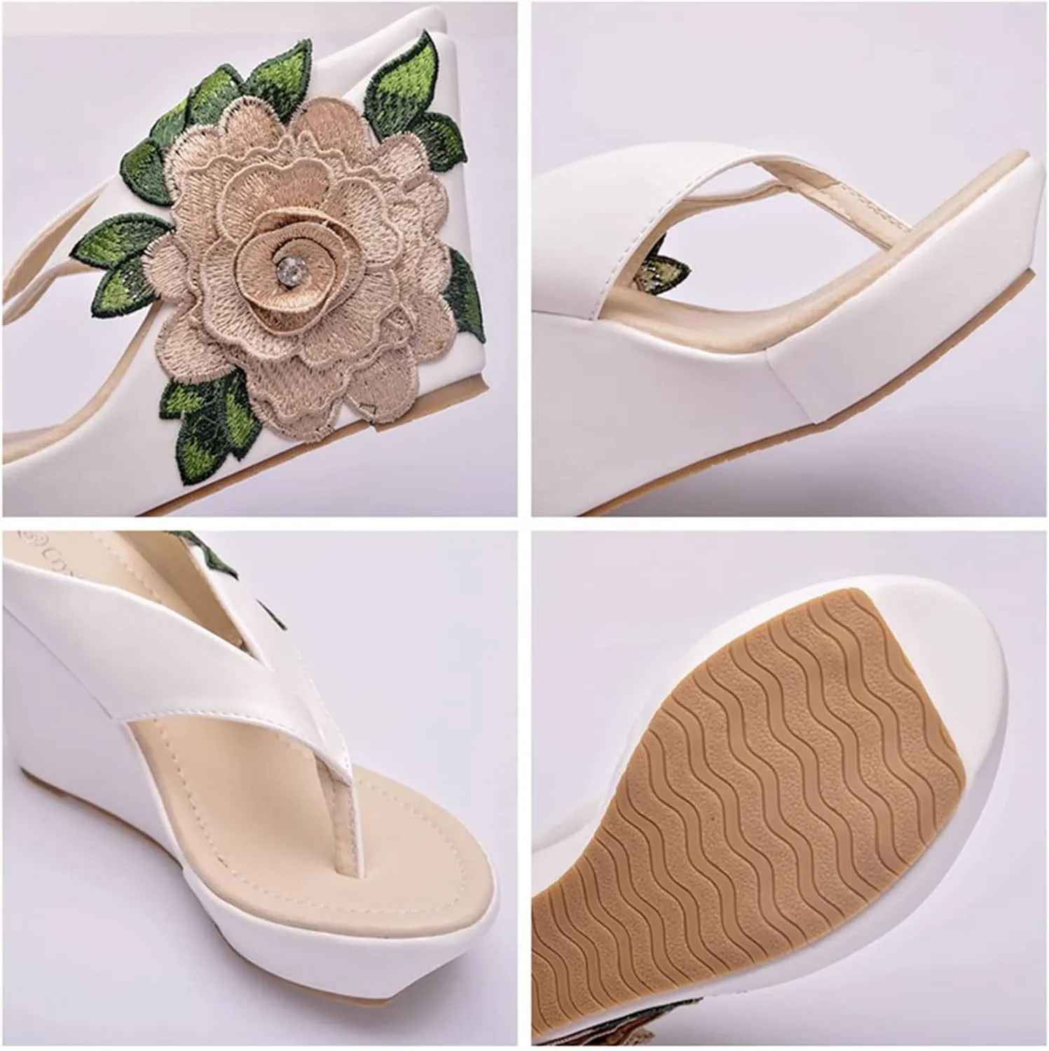 UGOSELEC Women Y2K Flower Platform Wedge Flip Flops,Bohemian Embroidered Flower Arch Support Heeled Flip Flops Beach Sandals Wedge Sandals