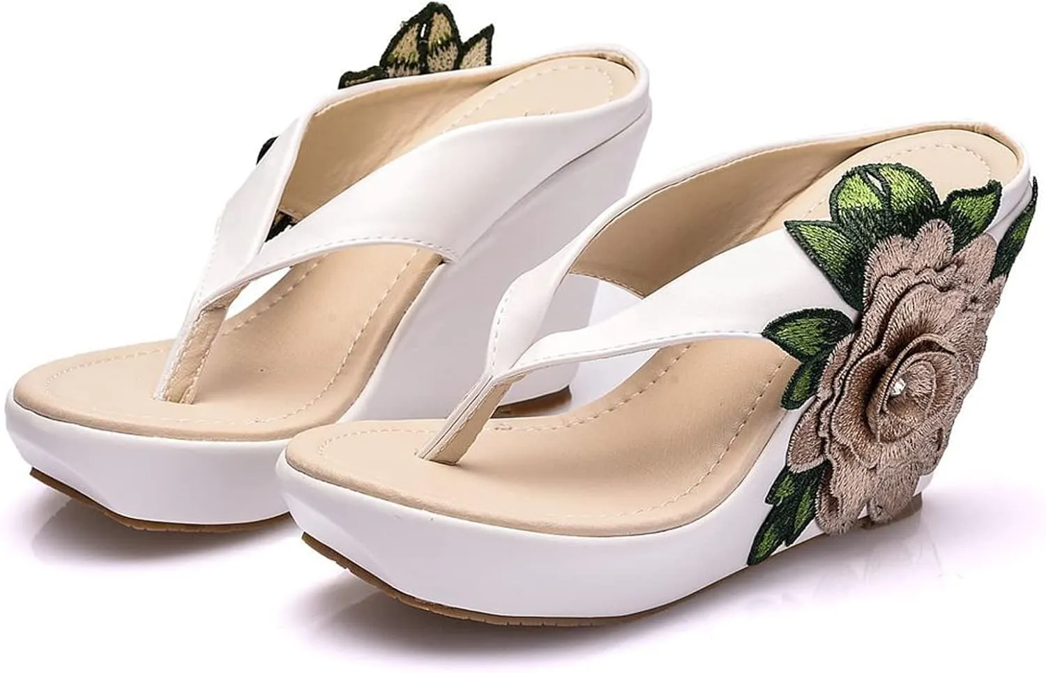 UGOSELEC Women Y2K Flower Platform Wedge Flip Flops,Bohemian Embroidered Flower Arch Support Heeled Flip Flops Beach Sandals Wedge Sandals