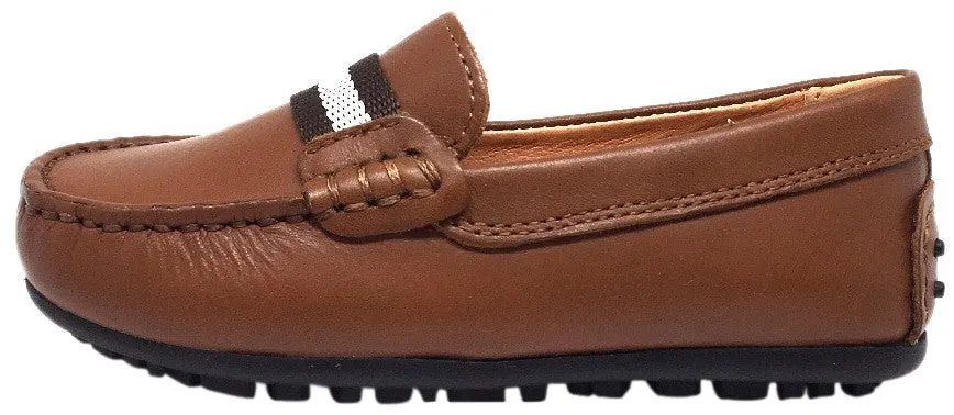 Umi Boy's Cognac Leather Studded Fabric Racing Stripe Slip On Moccasin Loafer