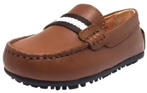 Umi Boy's Cognac Leather Studded Fabric Racing Stripe Slip On Moccasin Loafer
