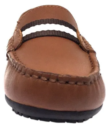 Umi Boy's Cognac Leather Studded Fabric Racing Stripe Slip On Moccasin Loafer
