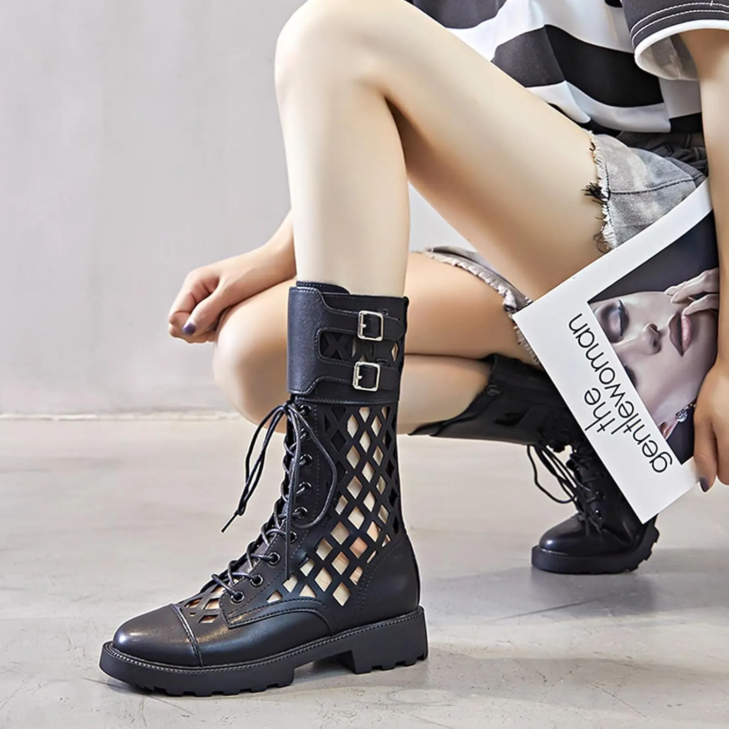 URLECHS Women's Breathable Cutout Round Toe Mid Calf Boots,Platform Lace Up Side Zipper Punk Biker Boot
