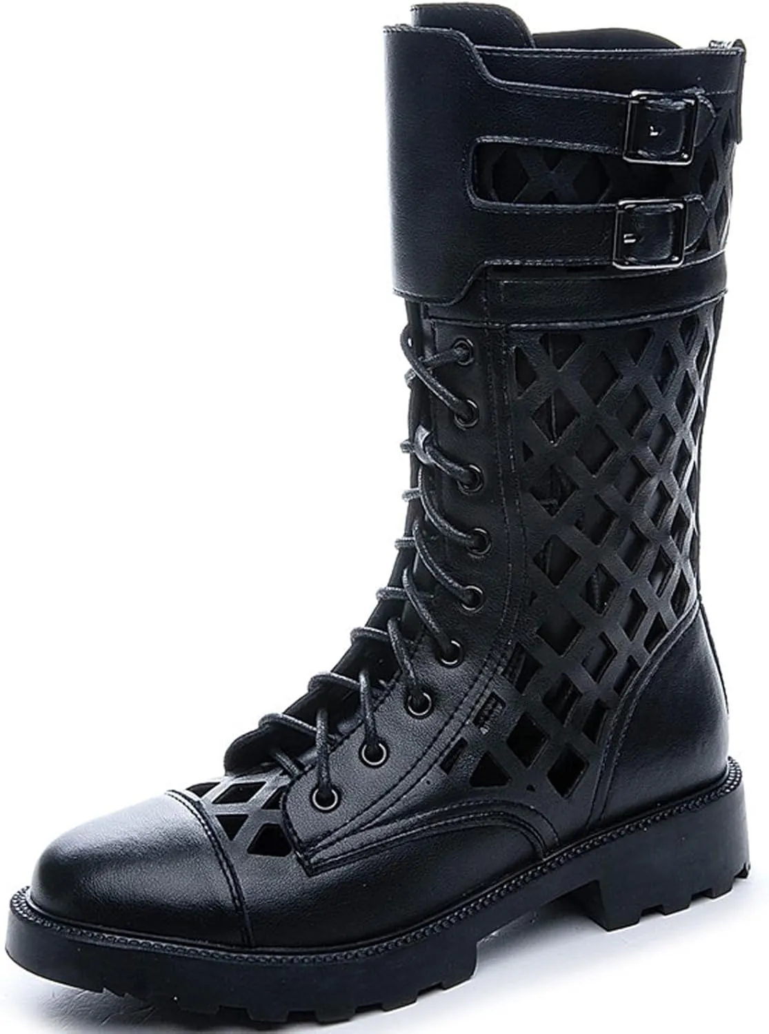 URLECHS Women's Breathable Cutout Round Toe Mid Calf Boots,Platform Lace Up Side Zipper Punk Biker Boot