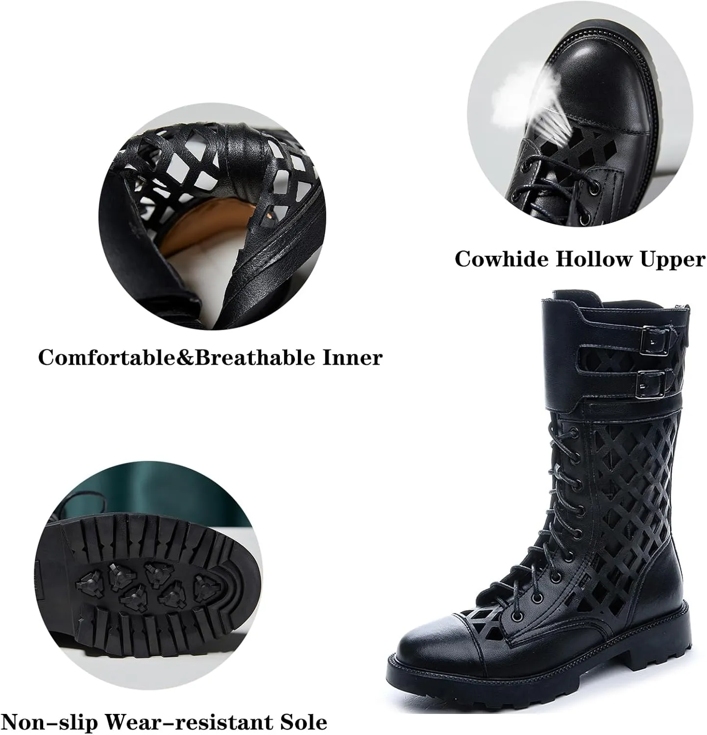 URLECHS Women's Breathable Cutout Round Toe Mid Calf Boots,Platform Lace Up Side Zipper Punk Biker Boot