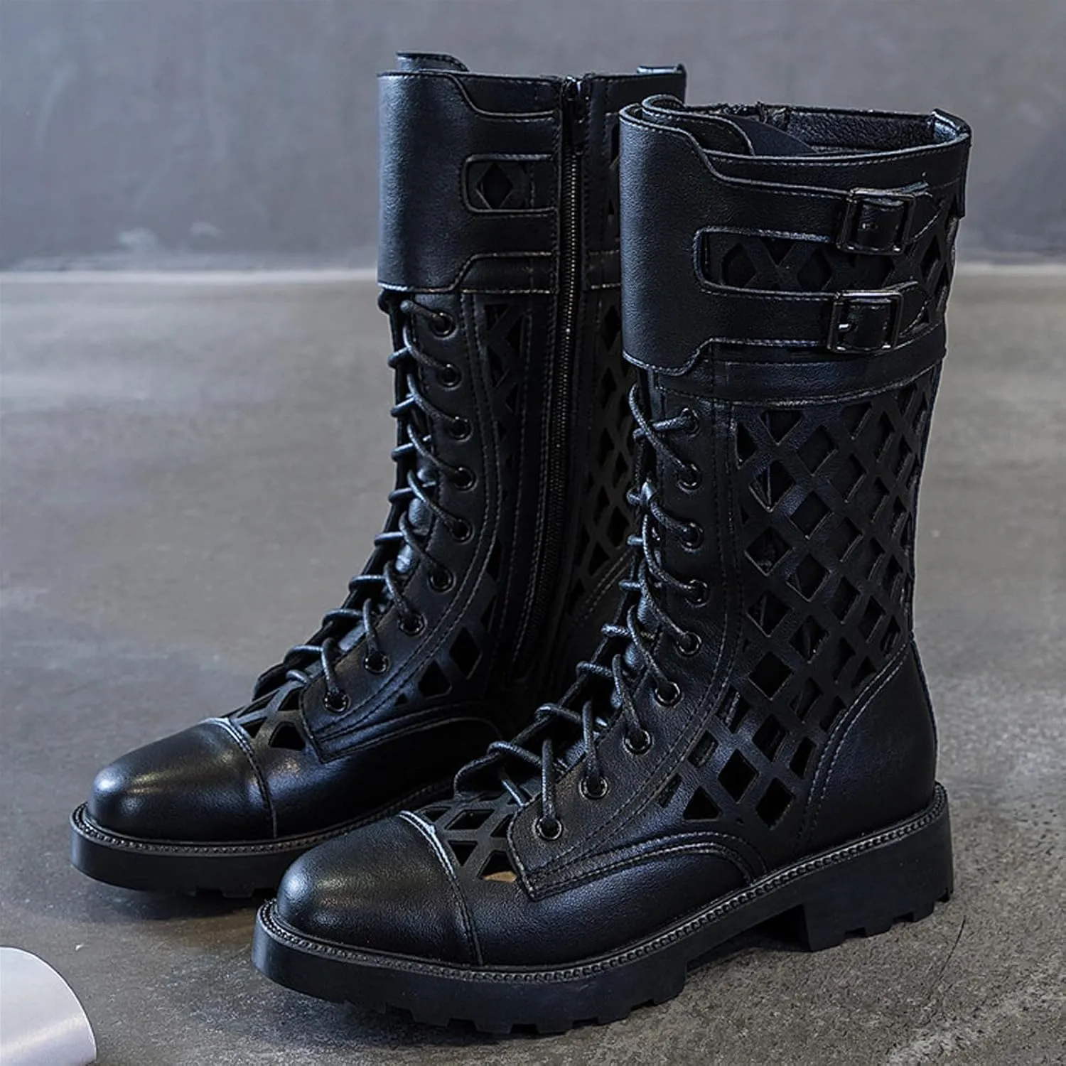URLECHS Women's Breathable Cutout Round Toe Mid Calf Boots,Platform Lace Up Side Zipper Punk Biker Boot