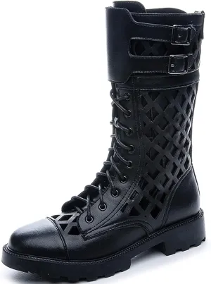 URLECHS Women's Breathable Cutout Round Toe Mid Calf Boots,Platform Lace Up Side Zipper Punk Biker Boot