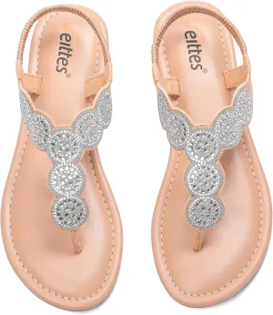 Veittes Women's Flat Slide Sandals - Fashionable Elastic Ankle Strap Comfortable Flat Summer Sandals.