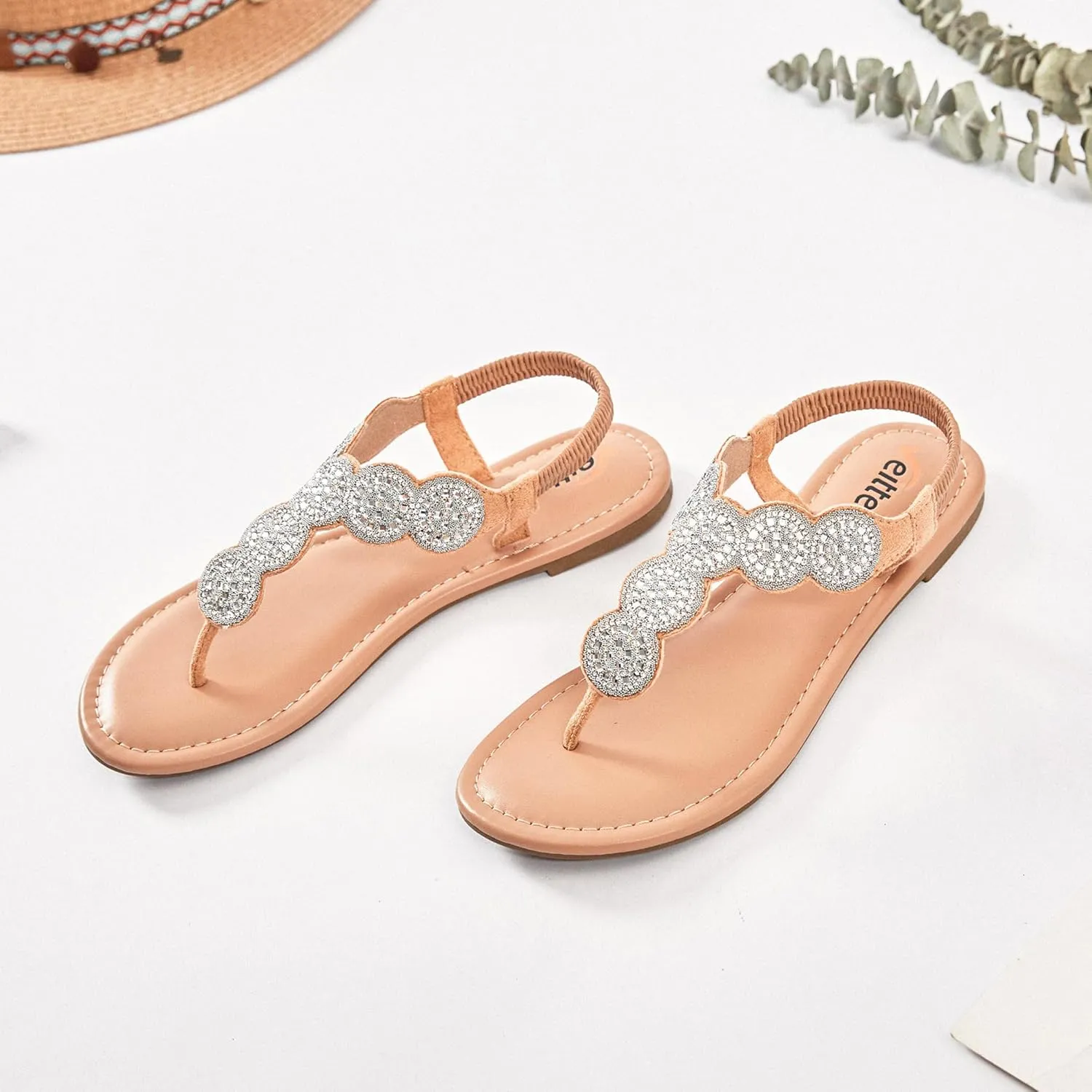 Veittes Women's Flat Slide Sandals - Fashionable Elastic Ankle Strap Comfortable Flat Summer Sandals.