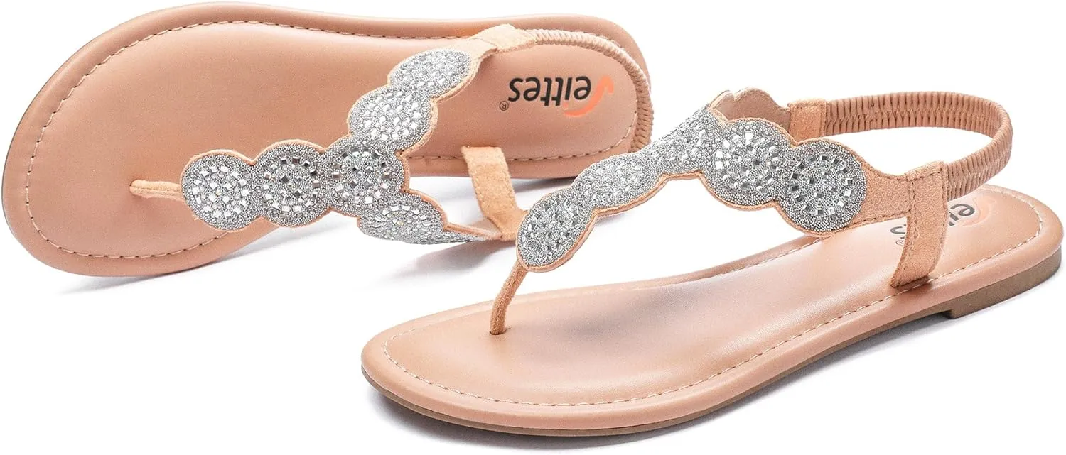 Veittes Women's Flat Slide Sandals - Fashionable Elastic Ankle Strap Comfortable Flat Summer Sandals.