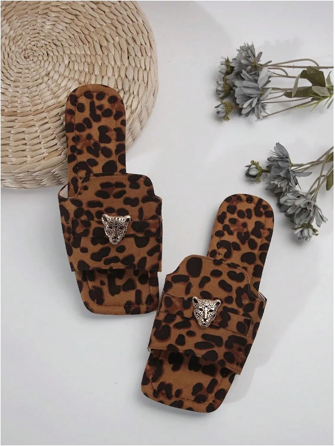 Verdusa Women's Leopard Print Flat slide Sandals Tiger Head Buckle Deco Summer Shoes