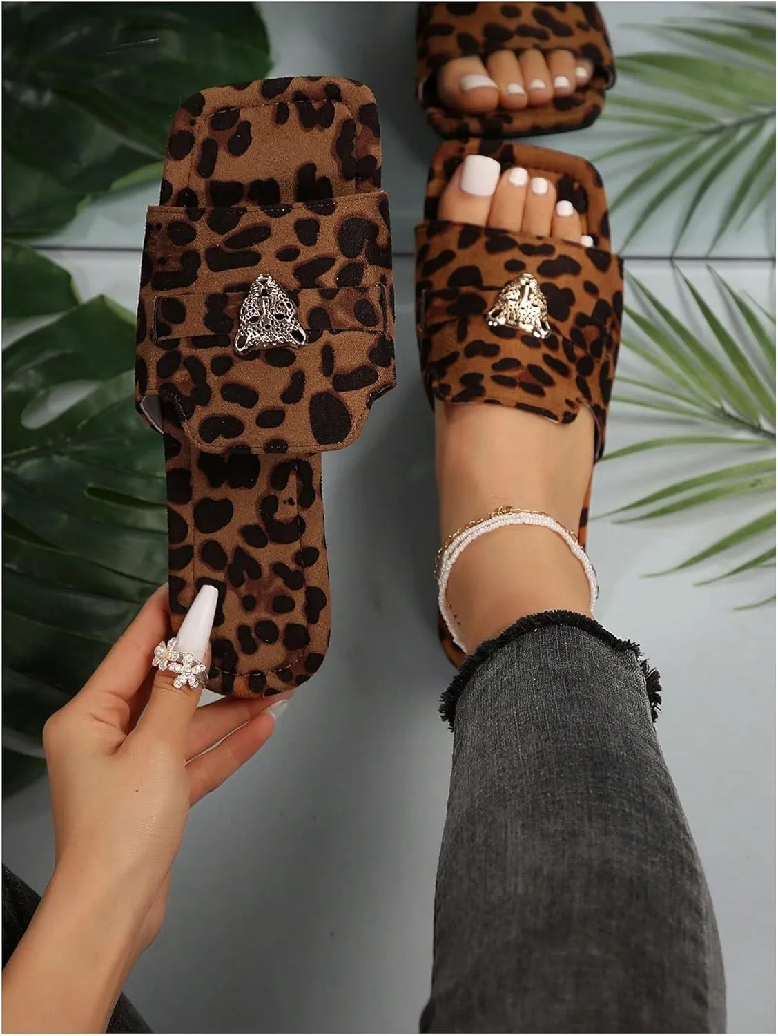 Verdusa Women's Leopard Print Flat slide Sandals Tiger Head Buckle Deco Summer Shoes