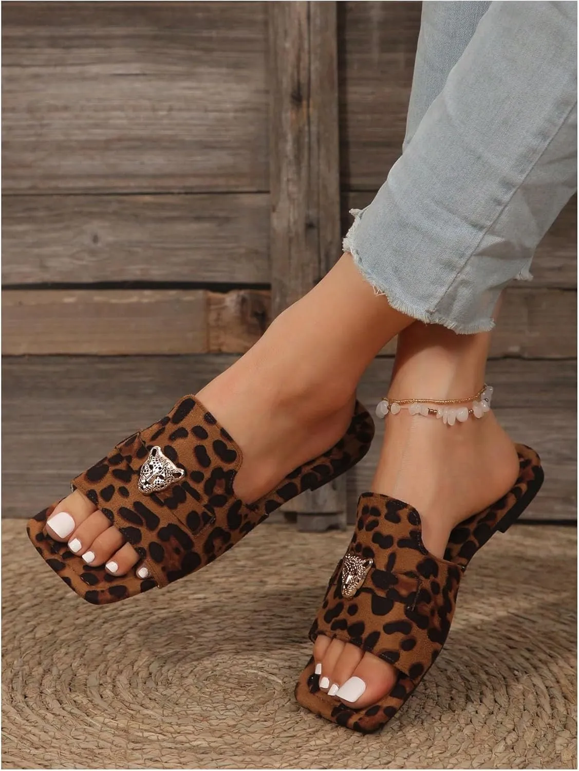 Verdusa Women's Leopard Print Flat slide Sandals Tiger Head Buckle Deco Summer Shoes