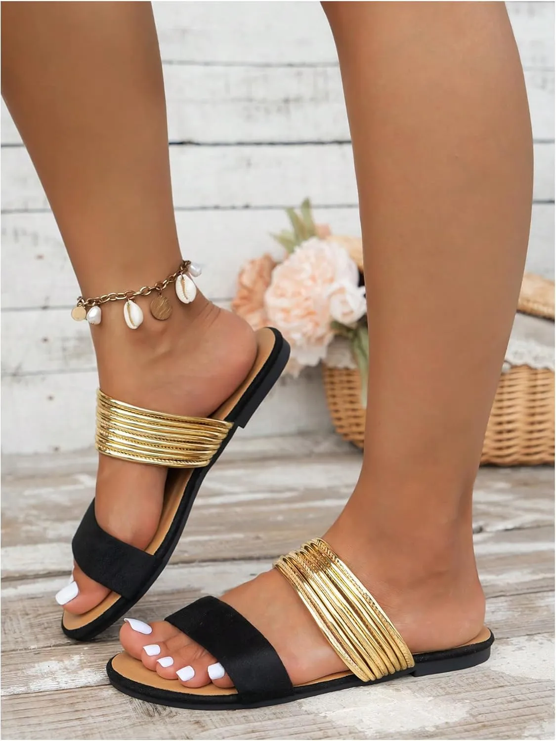 Verdusa Women's Metallic Strappy Flat Sandals Summer Slide Sandals Casual Shoes