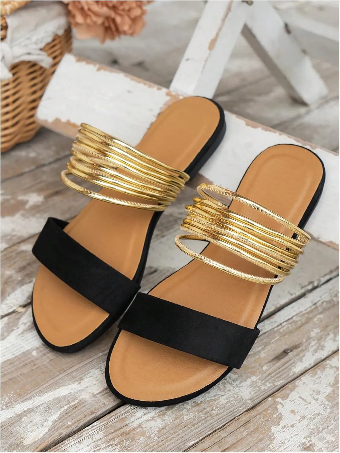 Verdusa Women's Metallic Strappy Flat Sandals Summer Slide Sandals Casual Shoes