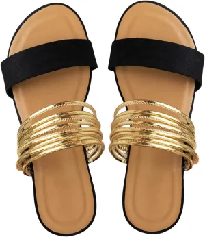 Verdusa Women's Metallic Strappy Flat Sandals Summer Slide Sandals Casual Shoes