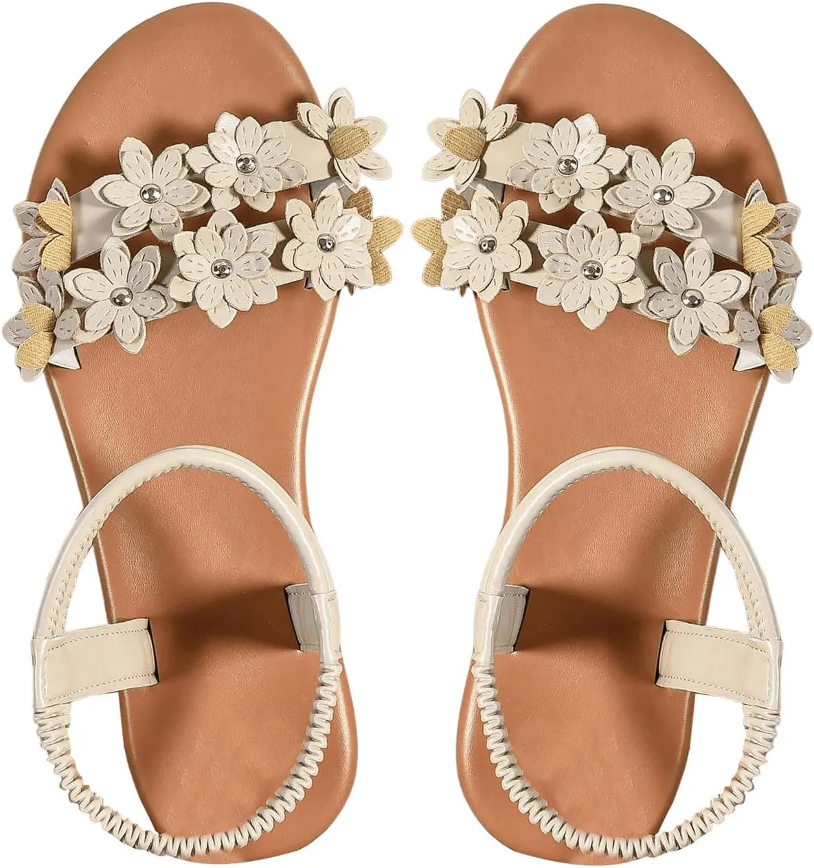 Verdusa Women's Summer Sandals Flower Leather Flat Sandals with Ankle Strap