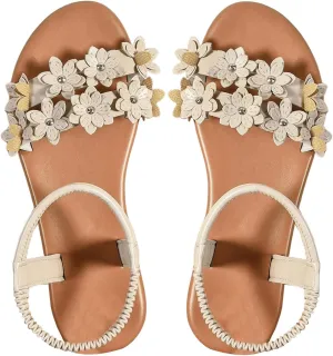 Verdusa Women's Summer Sandals Flower Leather Flat Sandals with Ankle Strap