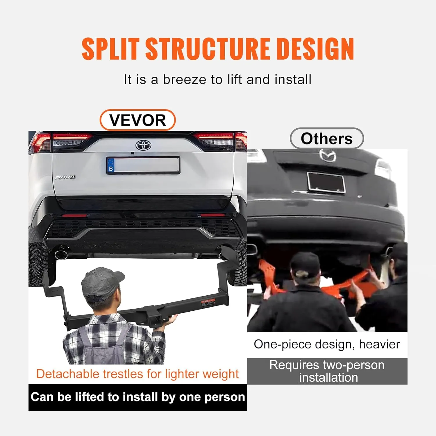 VEVOR Class 3 Trailer Hitch, 2-Inch Receiver, Q455B Steel Tube Frame, Compatible with 2019-2023 Toyota RAV4, 6000 lbs, Multi-Fit Hitch to Receive Ball Mount, Cargo Carrier, Bike Rack, Tow Hook, Black