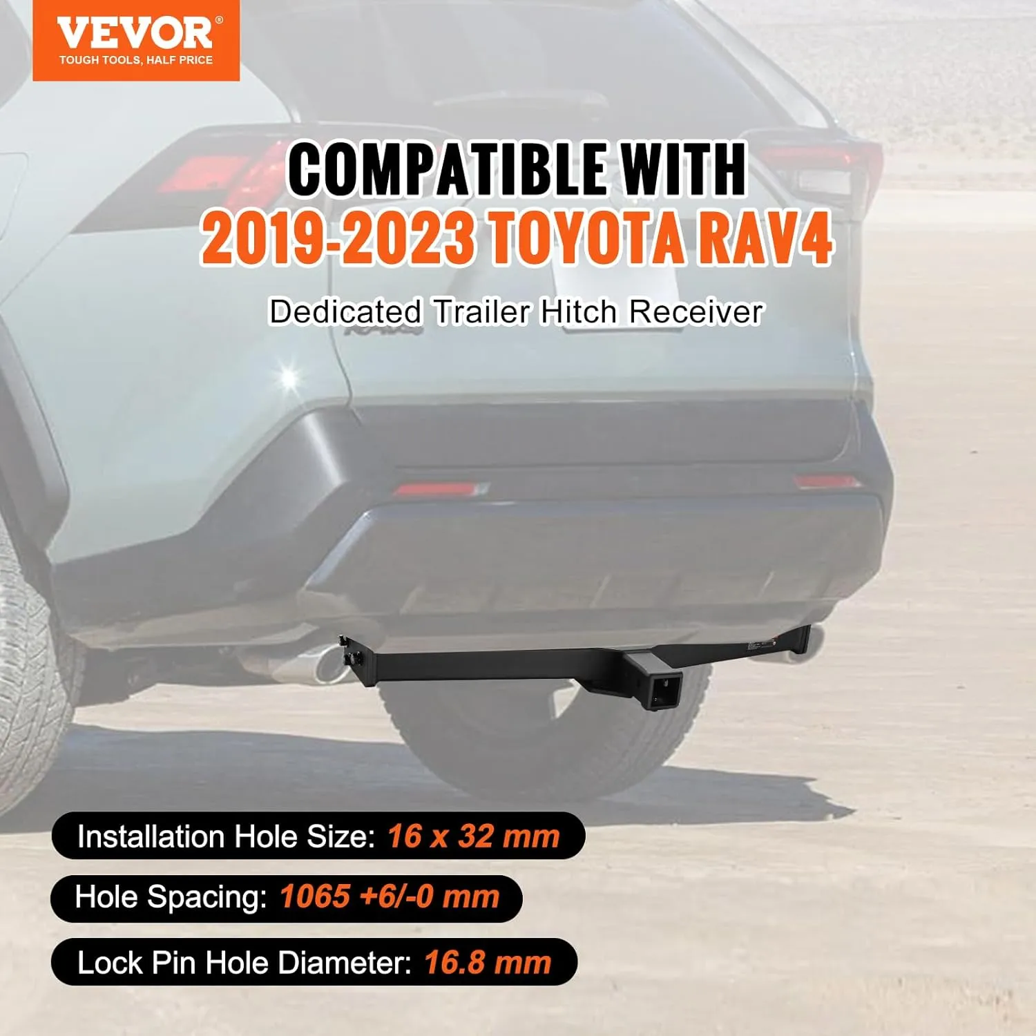 VEVOR Class 3 Trailer Hitch, 2-Inch Receiver, Q455B Steel Tube Frame, Compatible with 2019-2023 Toyota RAV4, 6000 lbs, Multi-Fit Hitch to Receive Ball Mount, Cargo Carrier, Bike Rack, Tow Hook, Black