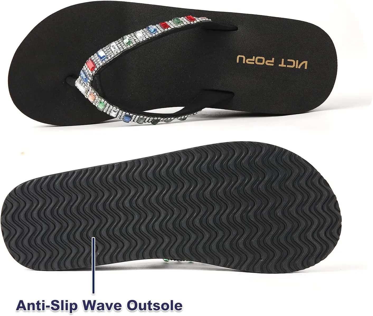 VICT POPU Flip Flops Sandals for Women Bling Rhinestones Jewel High Heel Arch Support Comfortable Soft Cushion Wedge Slip-on Casual Platform Summer Thong Sandals