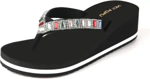 VICT POPU Flip Flops Sandals for Women Bling Rhinestones Jewel High Heel Arch Support Comfortable Soft Cushion Wedge Slip-on Casual Platform Summer Thong Sandals