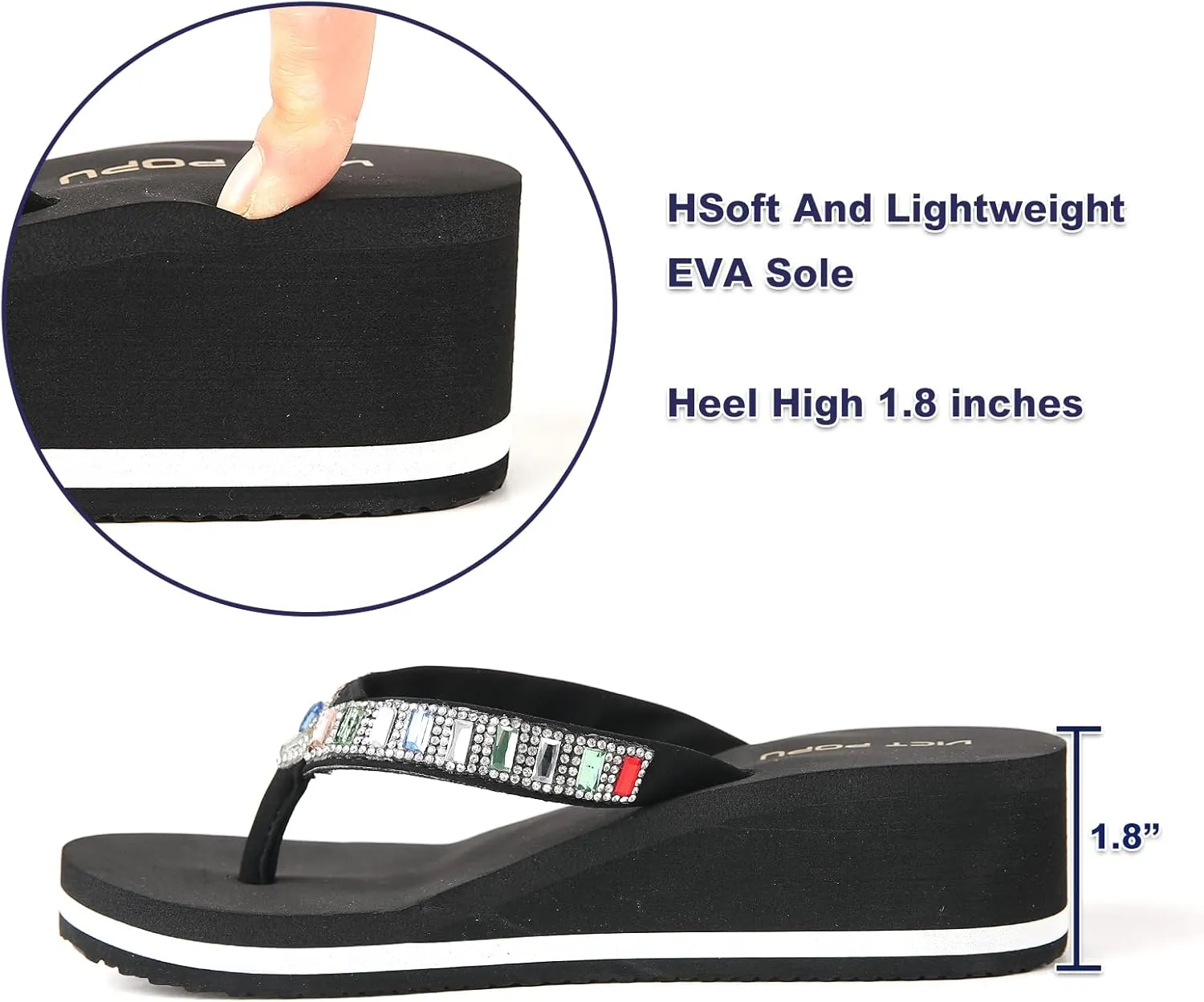 VICT POPU Flip Flops Sandals for Women Bling Rhinestones Jewel High Heel Arch Support Comfortable Soft Cushion Wedge Slip-on Casual Platform Summer Thong Sandals
