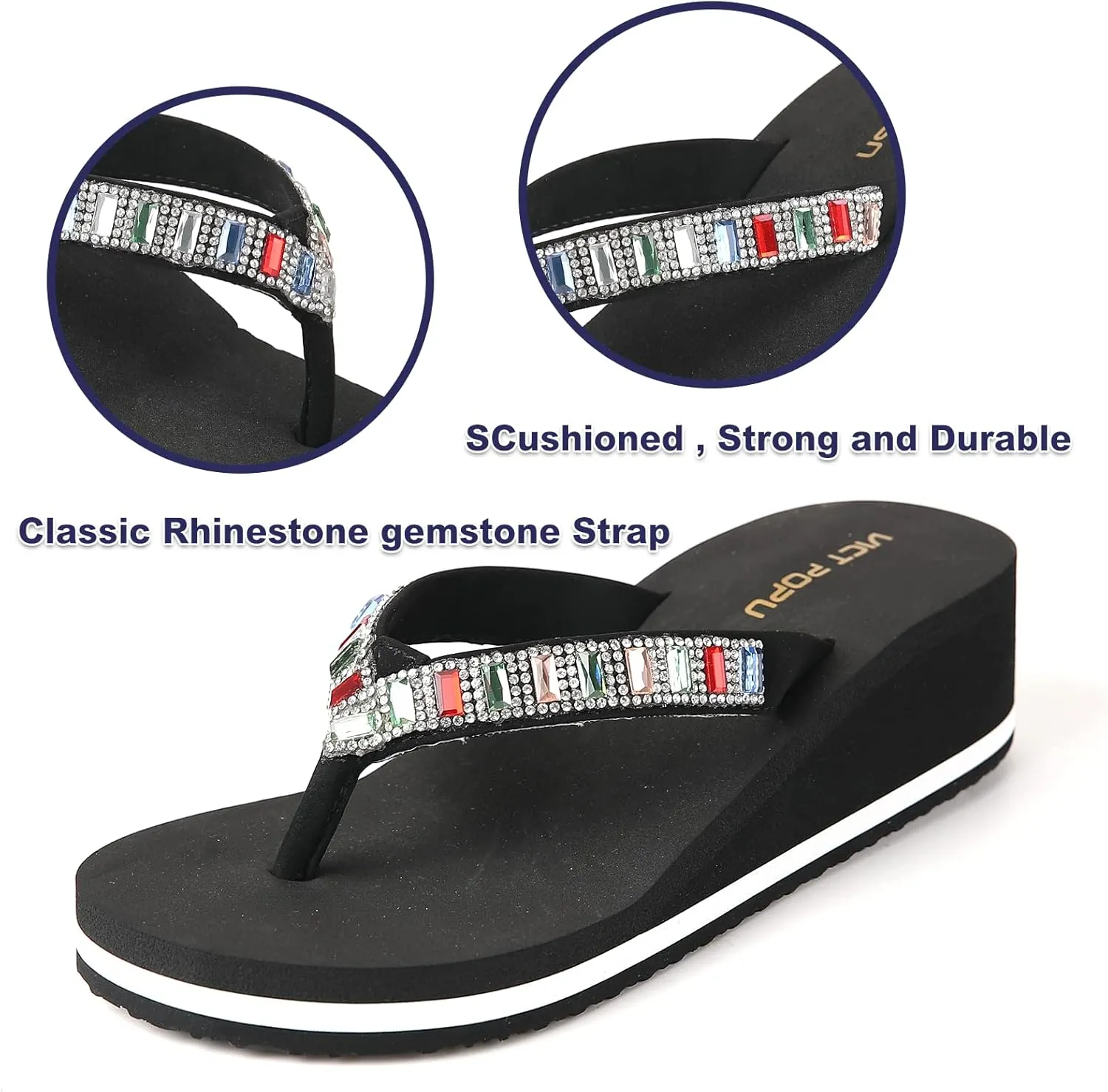 VICT POPU Flip Flops Sandals for Women Bling Rhinestones Jewel High Heel Arch Support Comfortable Soft Cushion Wedge Slip-on Casual Platform Summer Thong Sandals