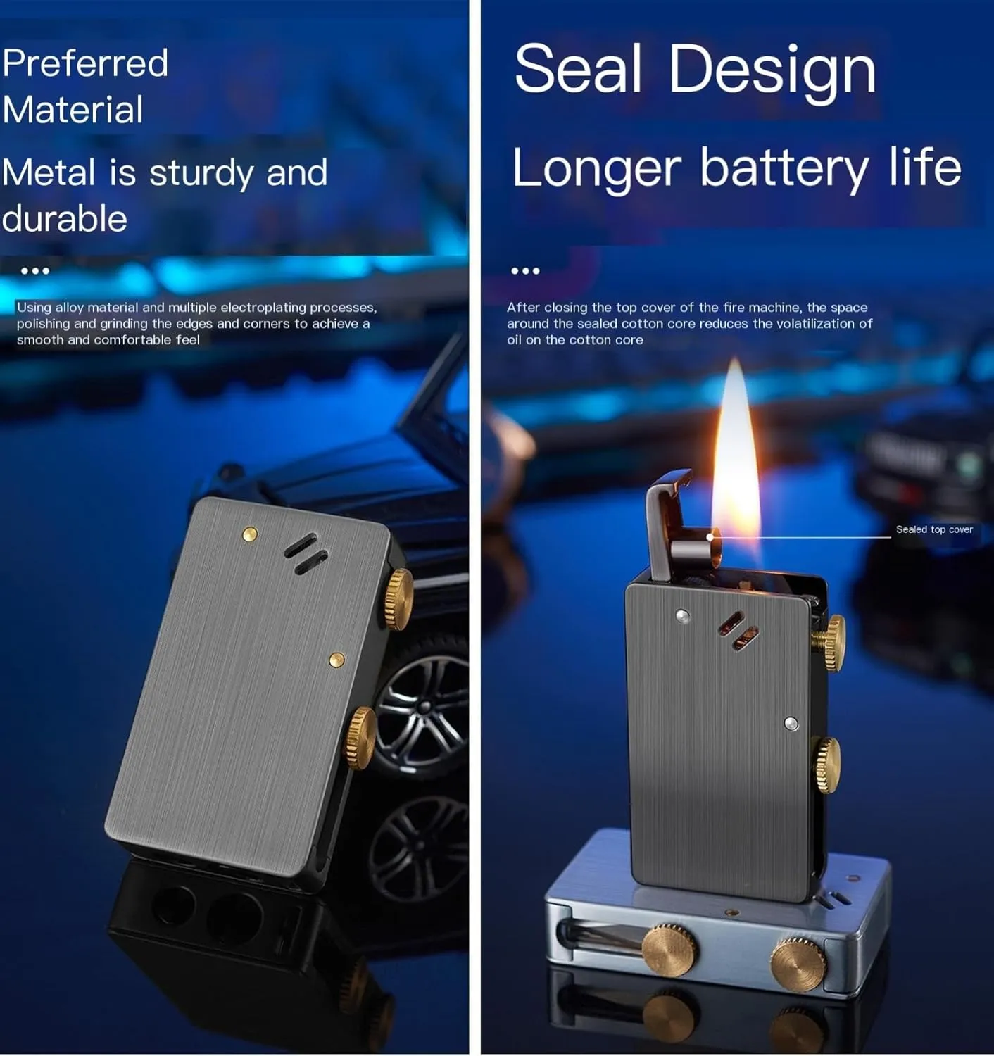 Vintage Kerosene Lighter 【One-Touch Ignition，Refillable Fuel，Soft Flame Design】 Trench Lighter with 6 Flint Set Retro Pocket Lighter for Men (Fuel Not Included)(Silver)