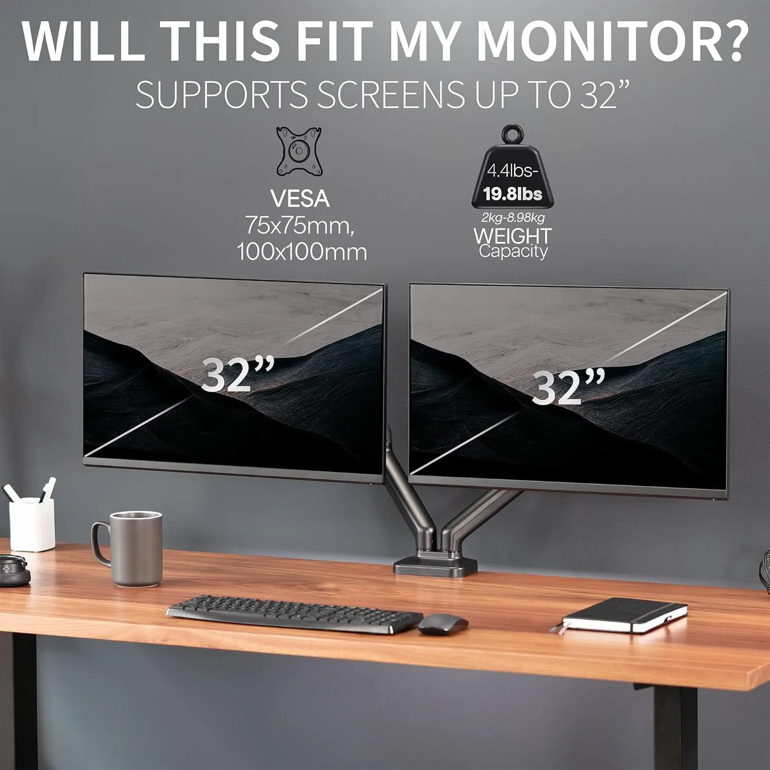VIVO Dual Monitor up to 32 inches and 19.8 lbs per Screen, Pneumatic Arm Desk Mount, Articulating Counterbalance, VESA Stand, Classic, STAND-V002O