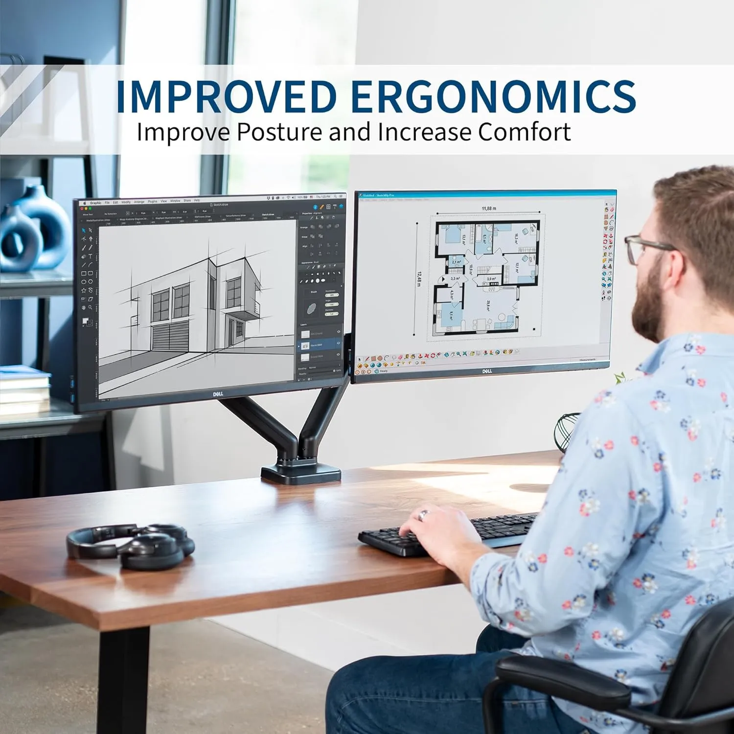 VIVO Dual Monitor up to 32 inches and 19.8 lbs per Screen, Pneumatic Arm Desk Mount, Articulating Counterbalance, VESA Stand, Classic, STAND-V002O