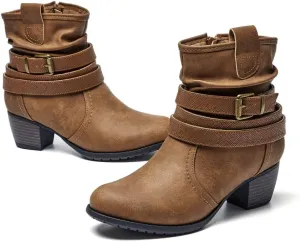 VJH confort Women's Mid Calf Boots,Round Toe Comfort Low Heel Slouchy Dress Booties with Buckle Strap Side Zipper