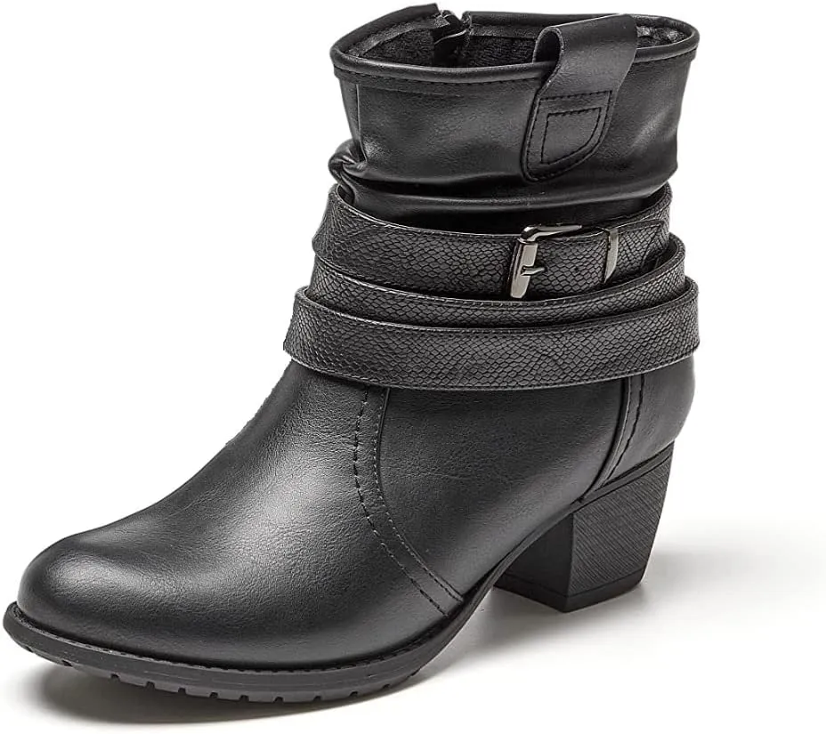 VJH confort Women's Mid Calf Boots,Round Toe Comfort Low Heel Slouchy Dress Booties with Buckle Strap Side Zipper