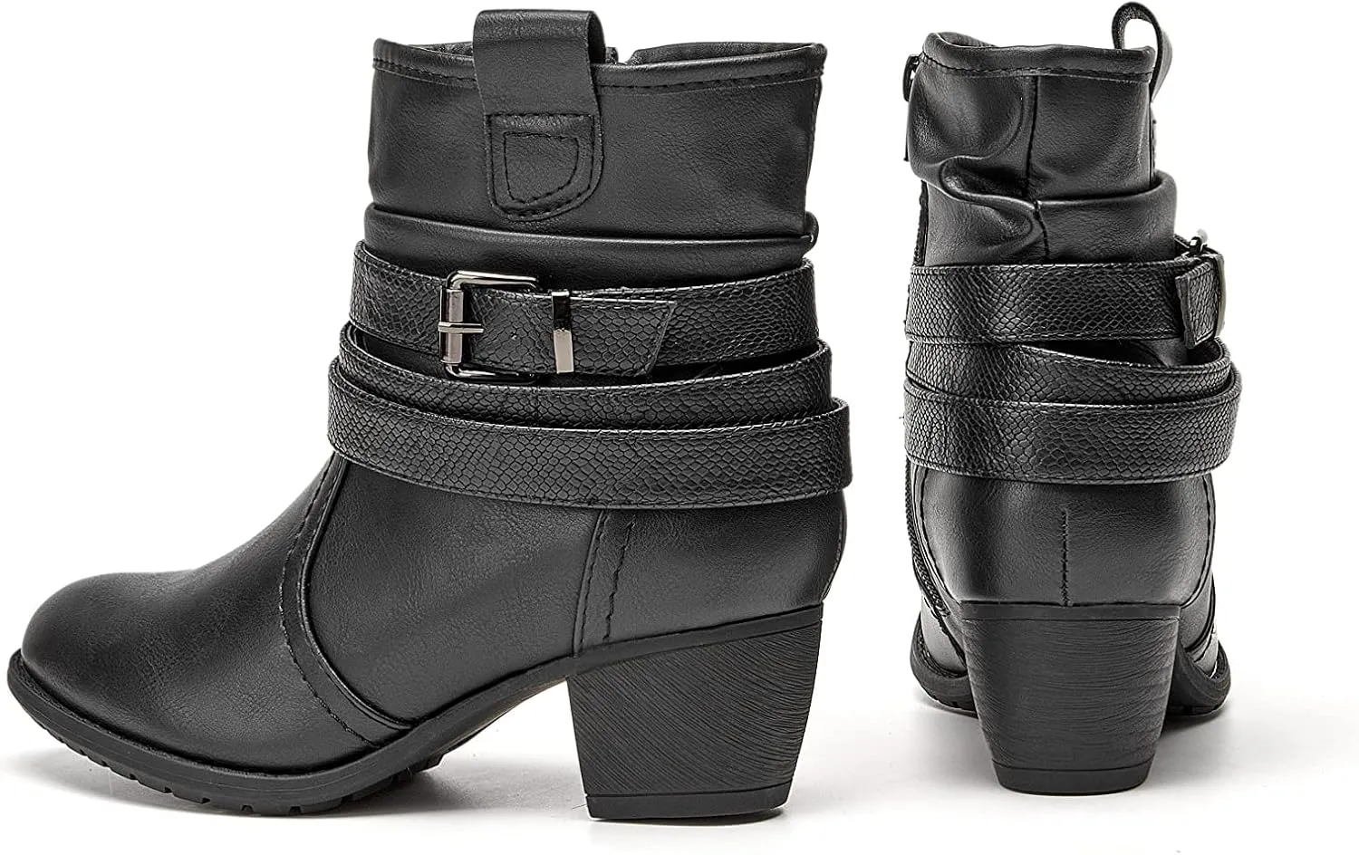 VJH confort Women's Mid Calf Boots,Round Toe Comfort Low Heel Slouchy Dress Booties with Buckle Strap Side Zipper