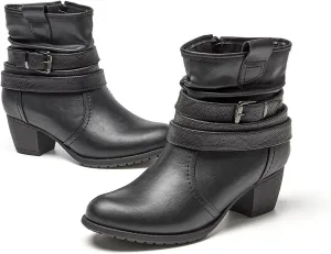 VJH confort Women's Mid Calf Boots,Round Toe Comfort Low Heel Slouchy Dress Booties with Buckle Strap Side Zipper