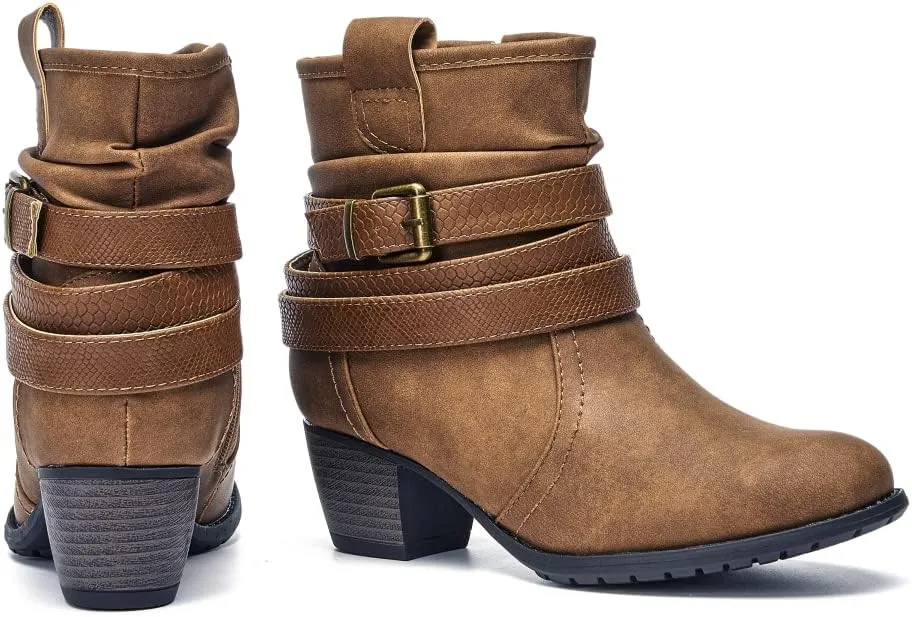 VJH confort Women's Mid Calf Boots,Round Toe Comfort Low Heel Slouchy Dress Booties with Buckle Strap Side Zipper