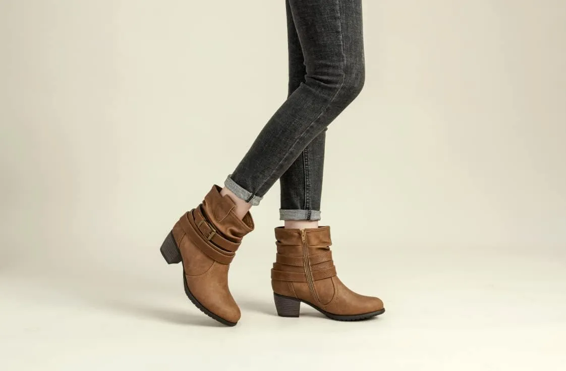VJH confort Women's Mid Calf Boots,Round Toe Comfort Low Heel Slouchy Dress Booties with Buckle Strap Side Zipper
