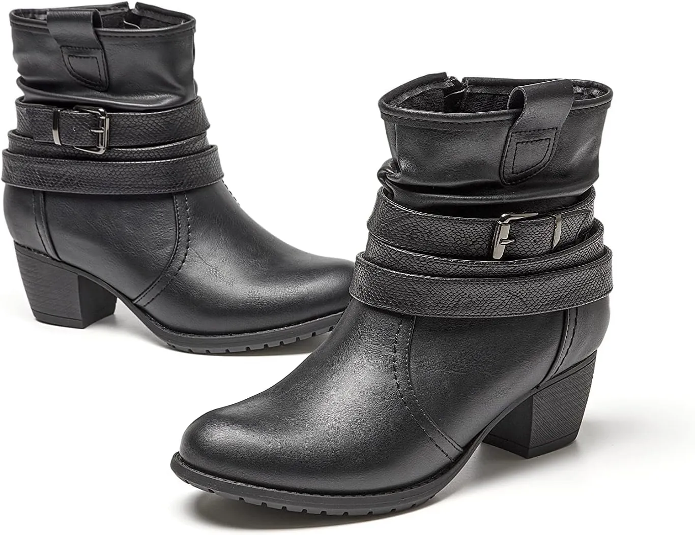VJH confort Women's Mid Calf Boots,Round Toe Comfort Low Heel Slouchy Dress Booties with Buckle Strap Side Zipper