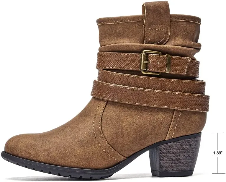 VJH confort Women's Mid Calf Boots,Round Toe Comfort Low Heel Slouchy Dress Booties with Buckle Strap Side Zipper