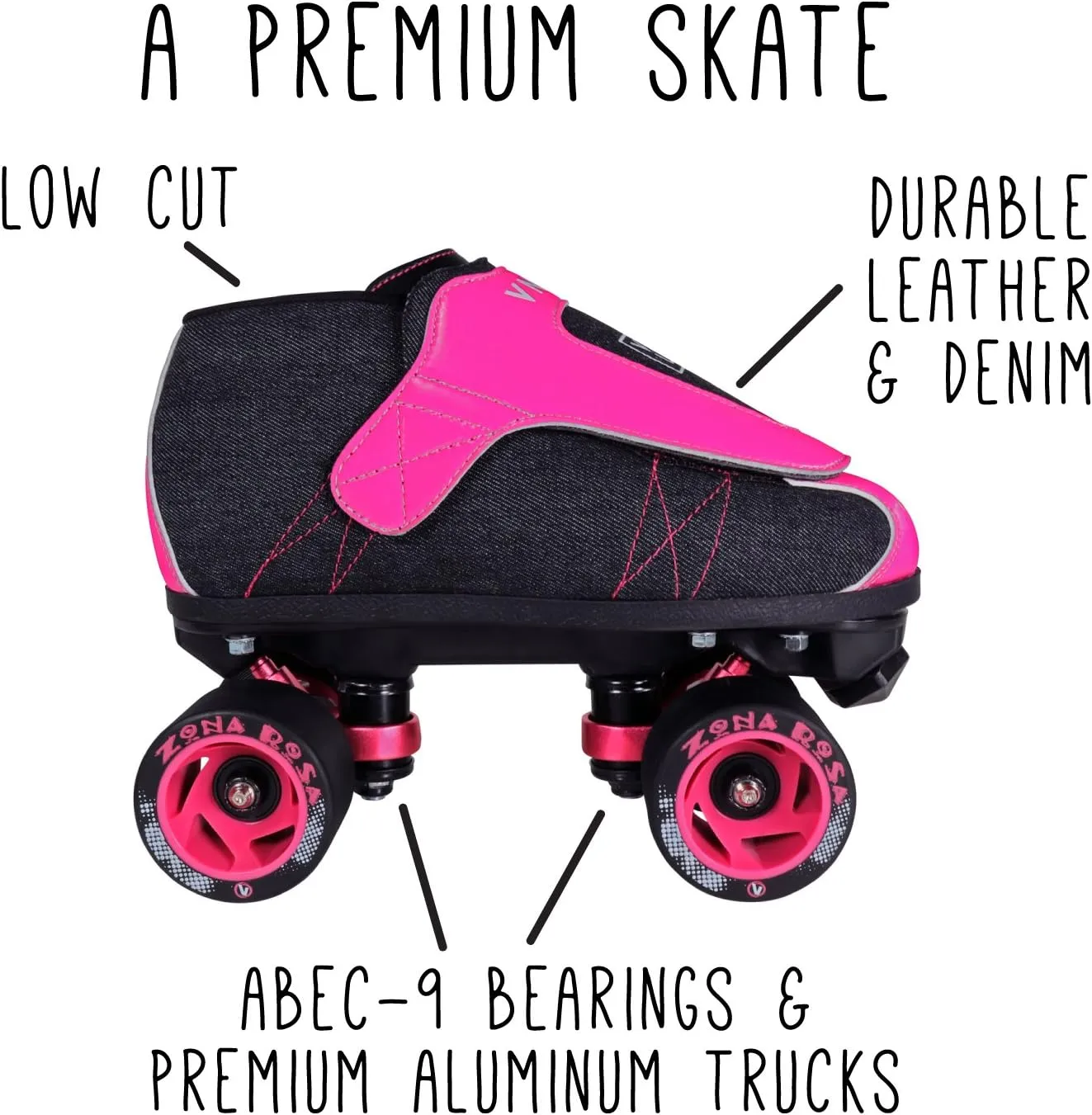 VNLA Junior Zona Rosa Jam Skates for Men and Women - Indoor Unisex Roller Skates for Tricks and Jam Skating