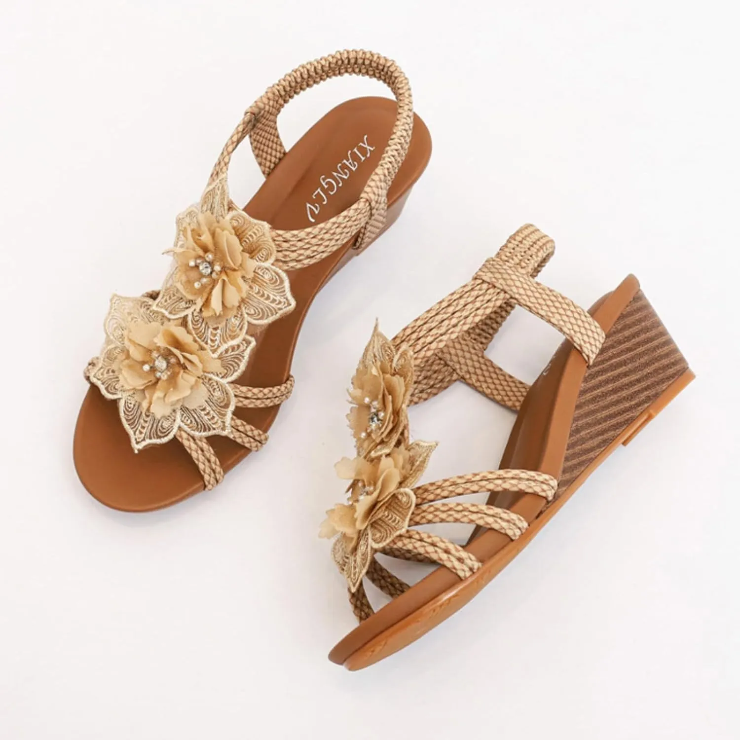 Wedge Sandals for Women Flower Cutout Peep Toe Mid Heel Fashion Breathable Beach Sandals, Casual Summer Roman High Heel Platform Slip on Elastic Ankle Strap Sandal
