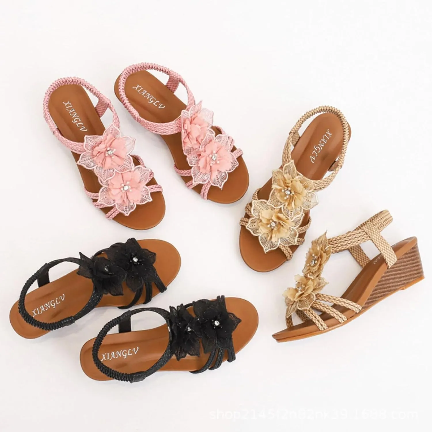 Wedge Sandals for Women Flower Cutout Peep Toe Mid Heel Fashion Breathable Beach Sandals, Casual Summer Roman High Heel Platform Slip on Elastic Ankle Strap Sandal