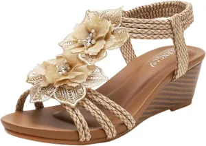 Wedge Sandals for Women Flower Cutout Peep Toe Mid Heel Fashion Breathable Beach Sandals, Casual Summer Roman High Heel Platform Slip on Elastic Ankle Strap Sandal