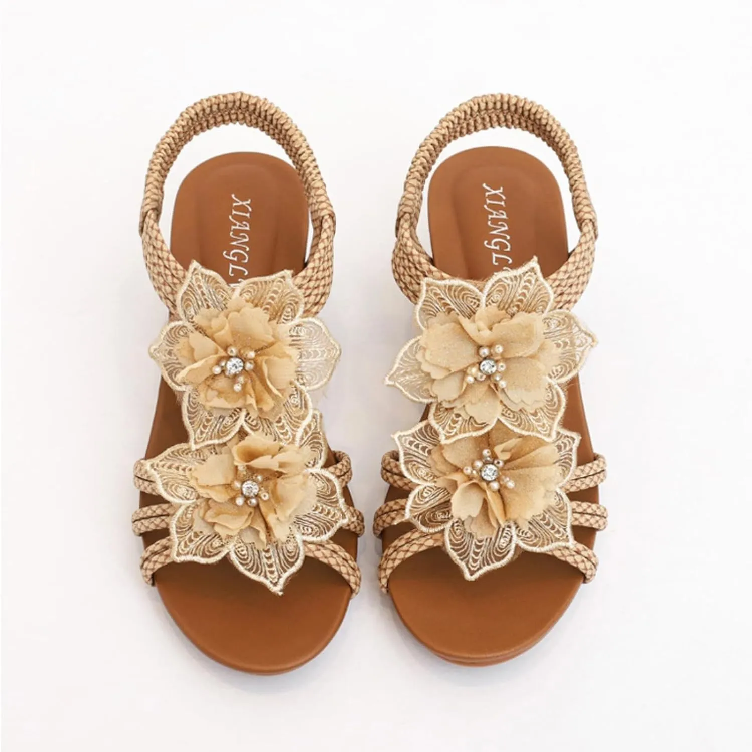 Wedge Sandals for Women Flower Cutout Peep Toe Mid Heel Fashion Breathable Beach Sandals, Casual Summer Roman High Heel Platform Slip on Elastic Ankle Strap Sandal